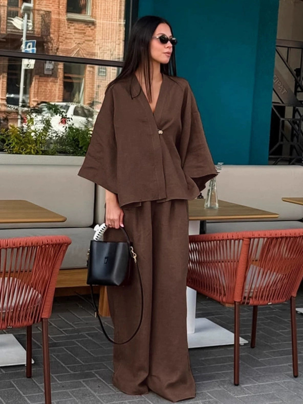 Forever 21 Casual Oversized Brown Cotton Linen Cardigan and Pants Set Fall